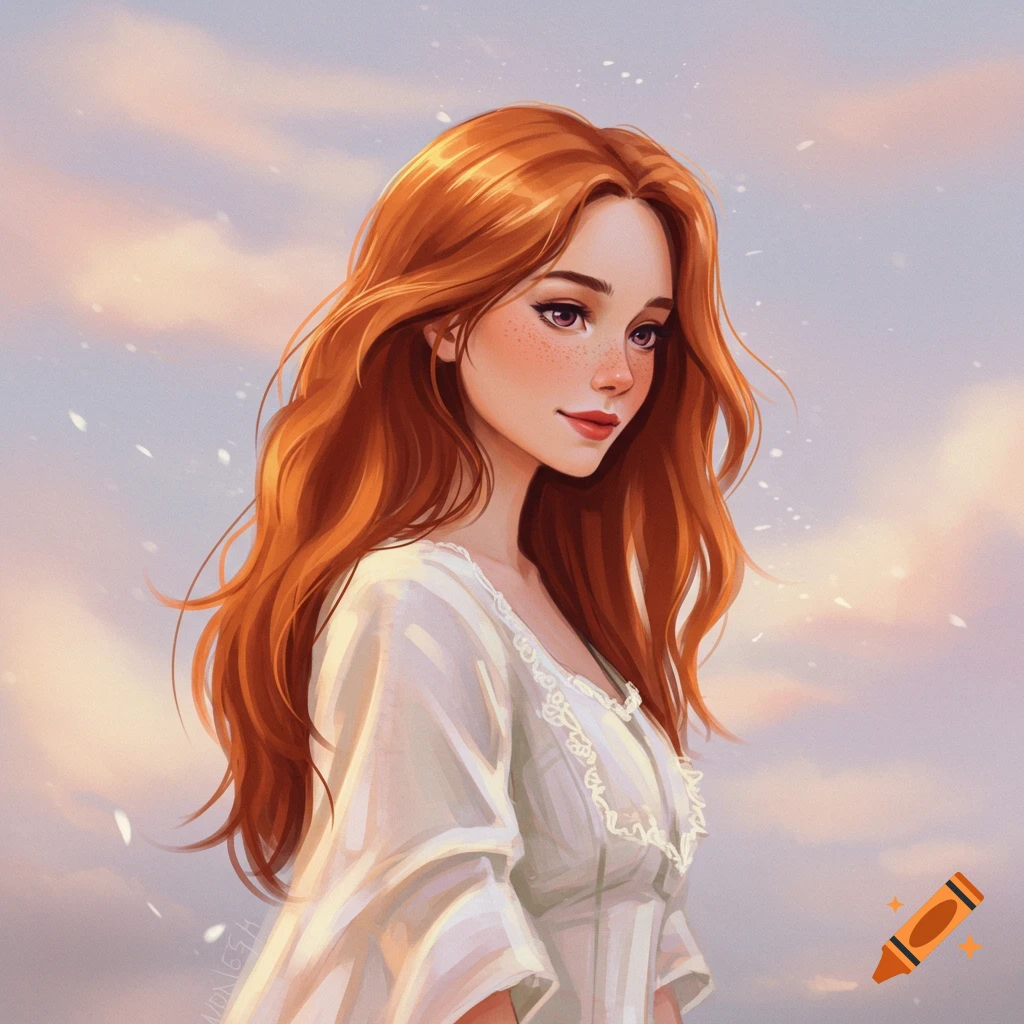 A portrait of a red-haired woman with freckles