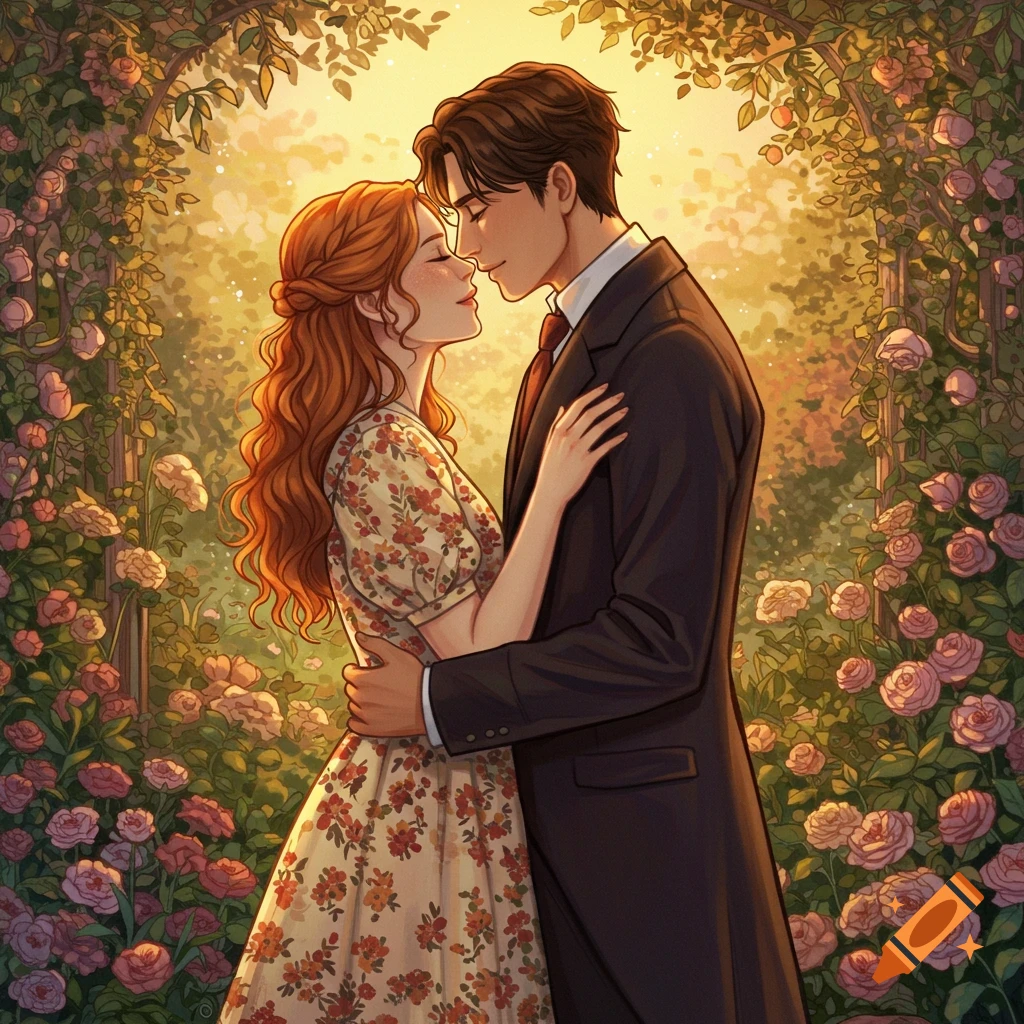 A romantic couple embracing in a rose garden.