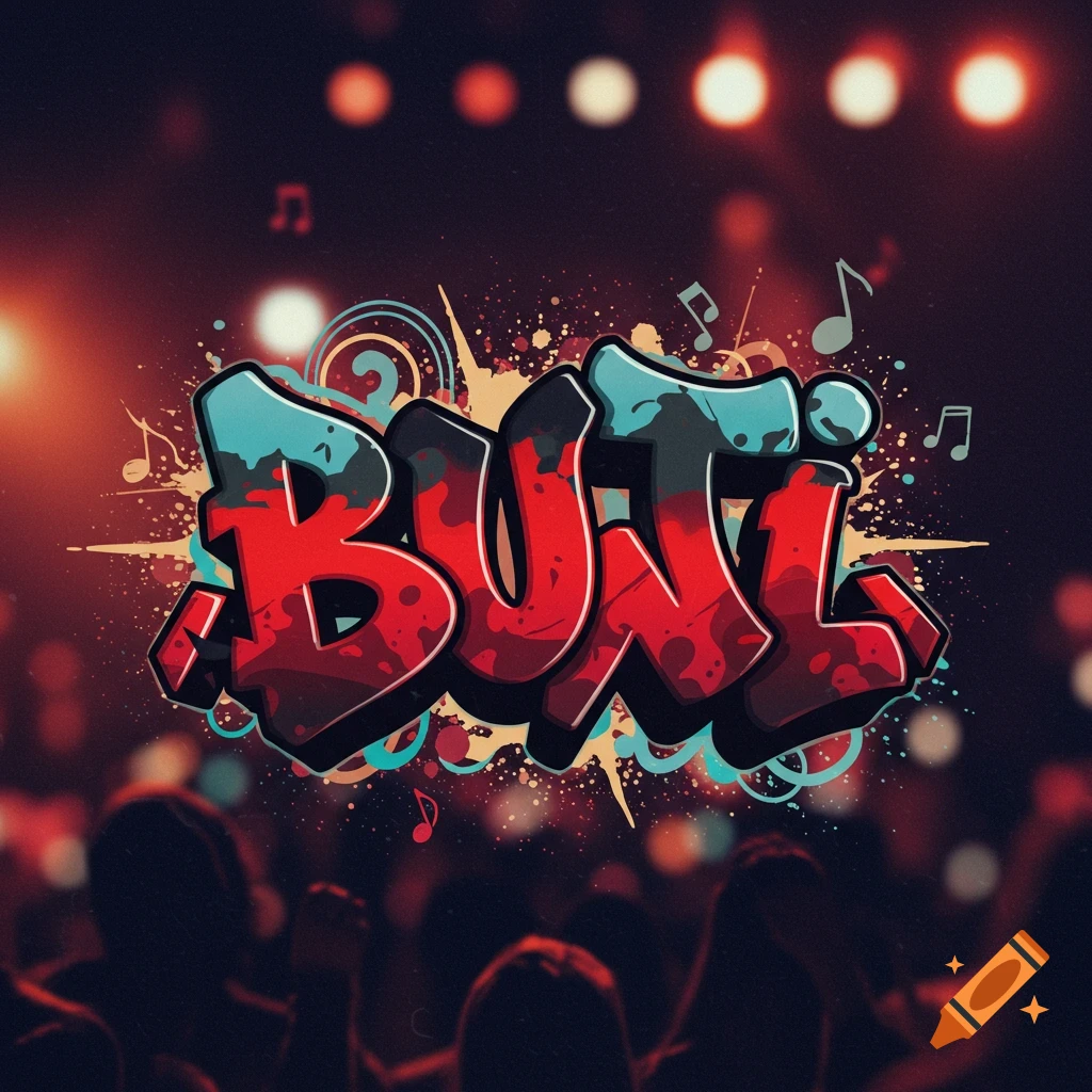 Graffiti art of the word BUTI in red and black over a blurred concert background with musical notes.