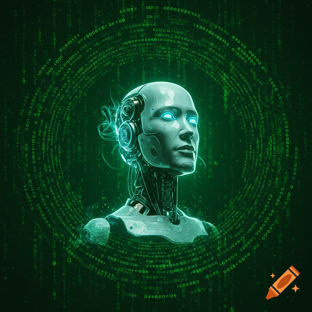 A robot head with glowing blue eyes surrounded by green matrix code.