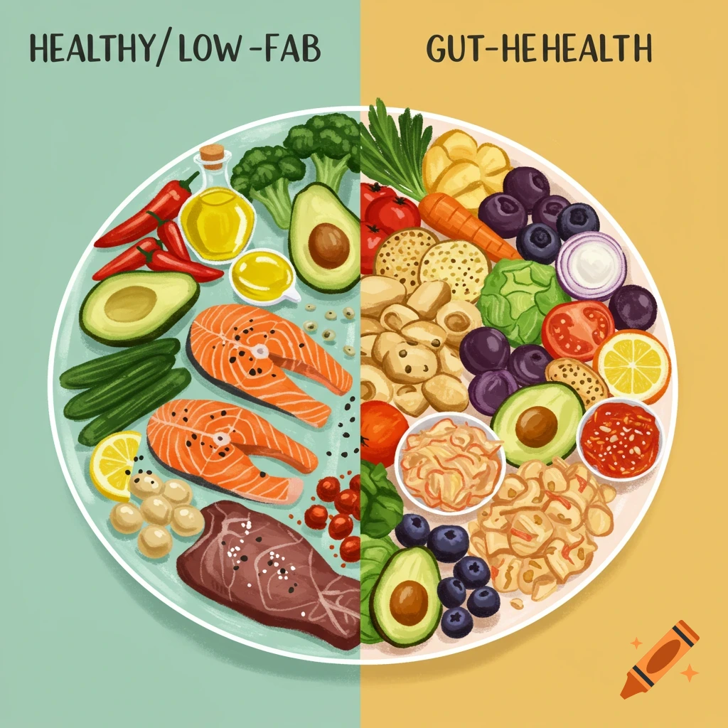 A plate split in half, showing low-carb/keto food on the left and gut-health food on the right.