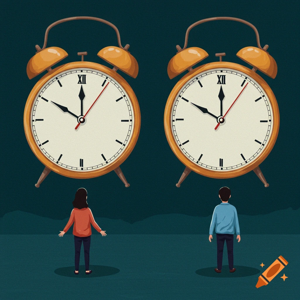 Two small figures look up at large floating alarm clocks.