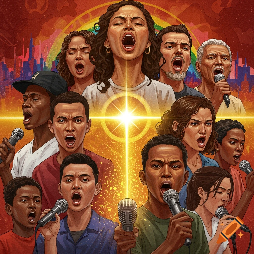 A diverse group of people singing passionately into microphones against a cityscape, with a bright light and rainbow