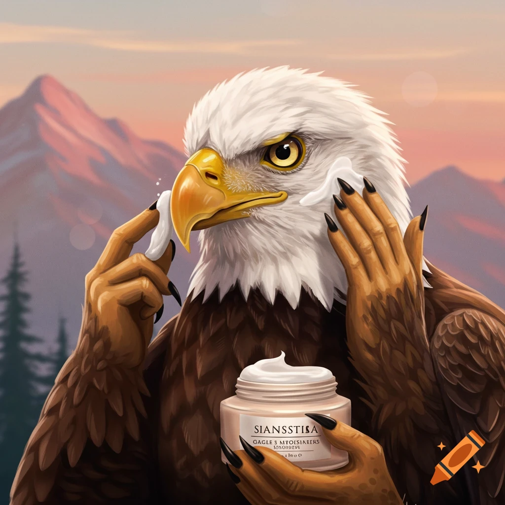 An eagle is using moisturizer on its face from a jar, with mountains in the background.