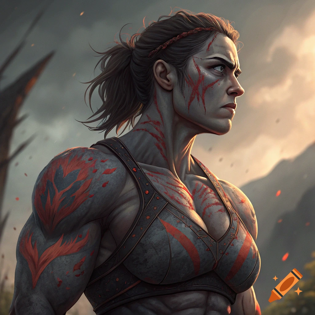 A muscular fantasy warrior woman with dark grey skin and red markings looks intensely to the side.