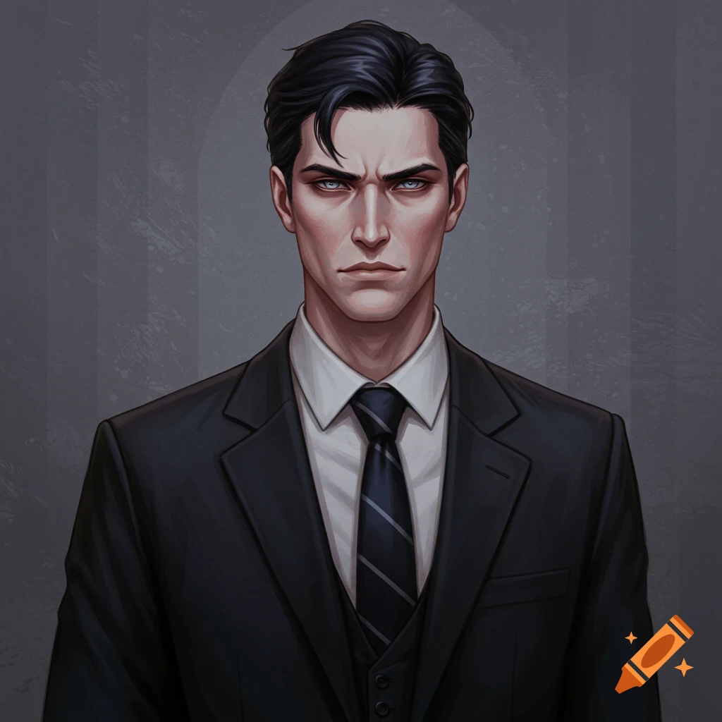 A man in a black suit looks sternly at the viewer.