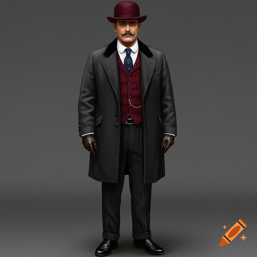 A man wearing a grey coat, red waistcoat, and bowler hat.
