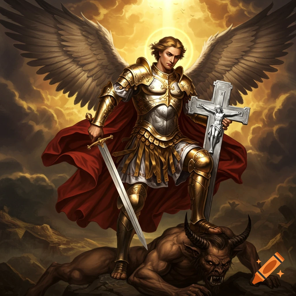 Saint Michael the Archangel standing on a defeated demon, holding a sword and a cross.