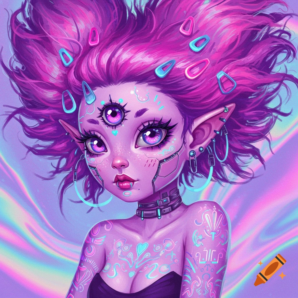 A cute cyberpunk alien girl with three eyes, pink hair, and glowing tattoos.