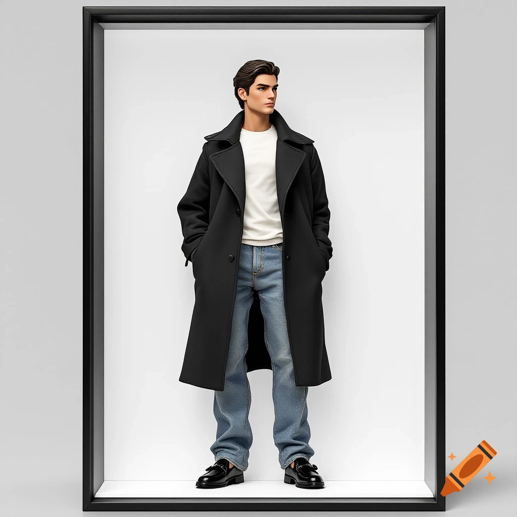 A stylized male doll figure in a black overcoat, white tee, and jeans stands in a minimalist display box.