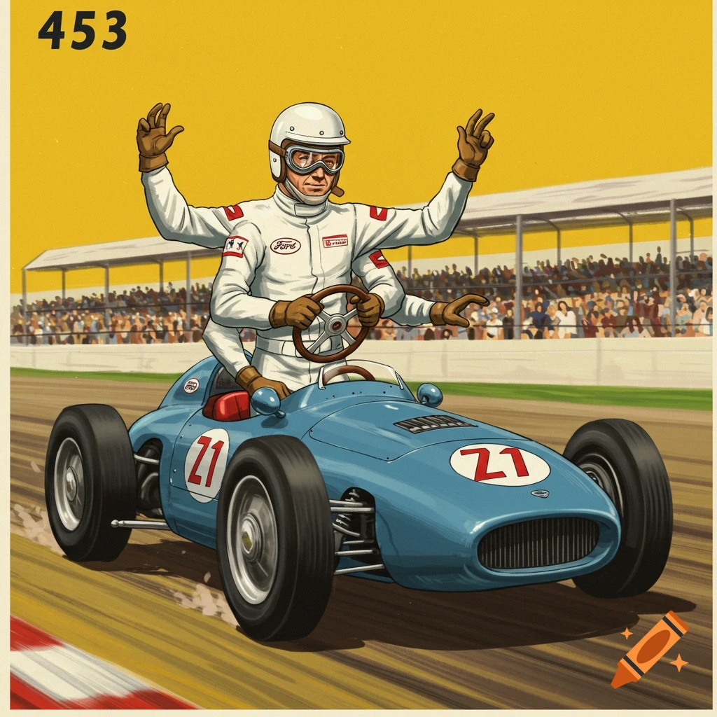 Vintage style illustration of a multi-armed race car driver in a blue 1950s car on a track, waving.