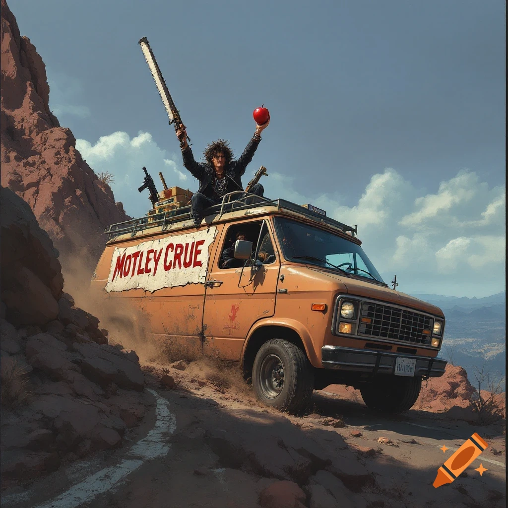 A van with the Motley Crue logo is driving on a desert road. There is a person on the roof of the van holding a chainsaw and an apple.