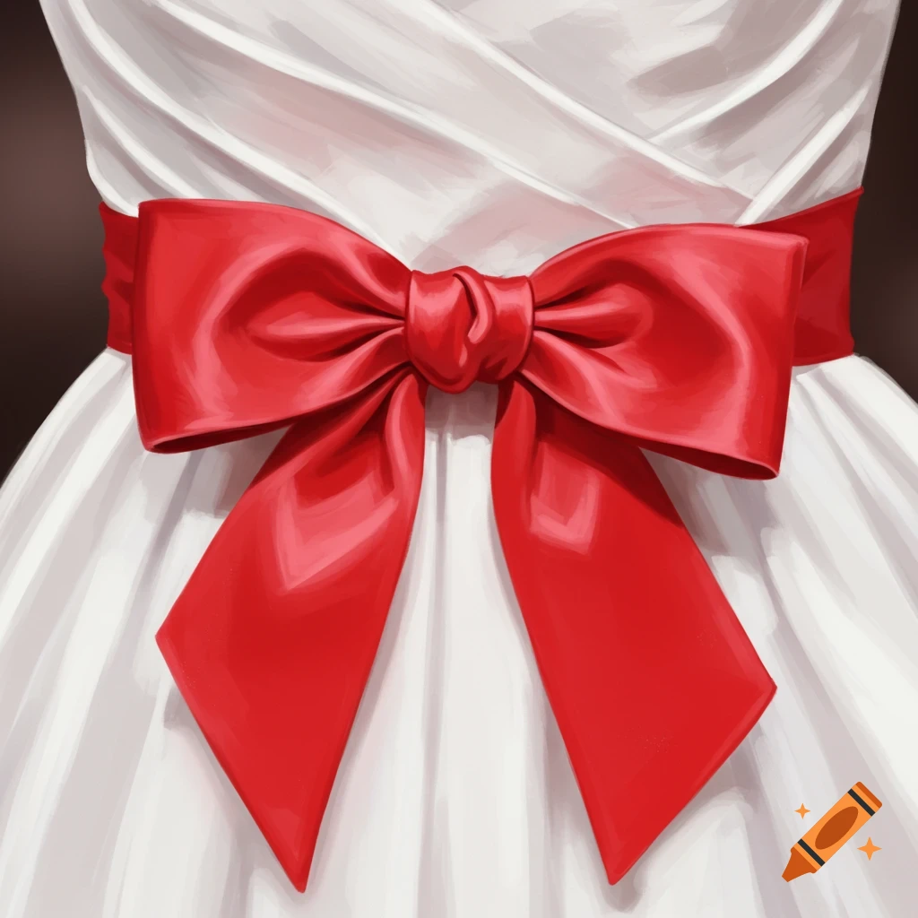 A close-up of a white dress with a large red bow.