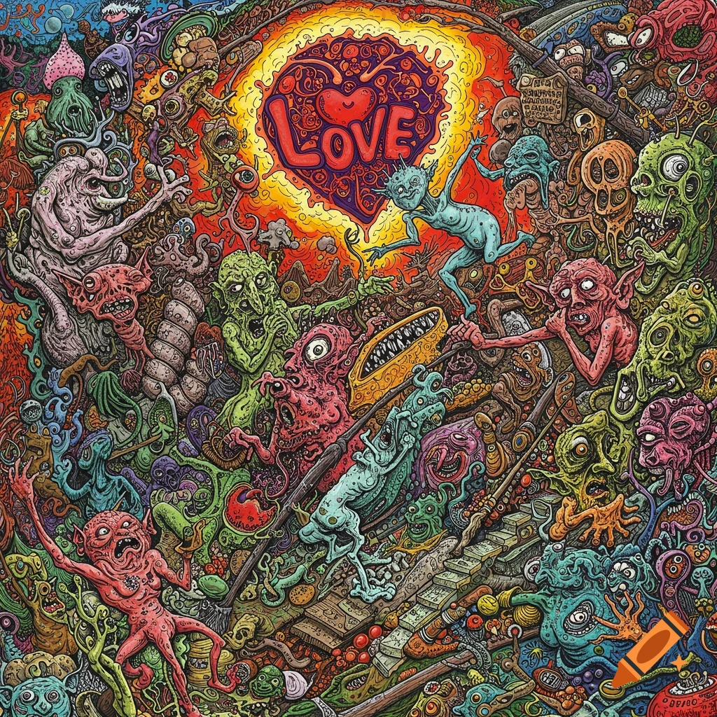 A crowded, psychedelic illustration of grotesque creatures surrounding a glowing heart with 'LOVE' inside, in the style of Ralph Steadman.