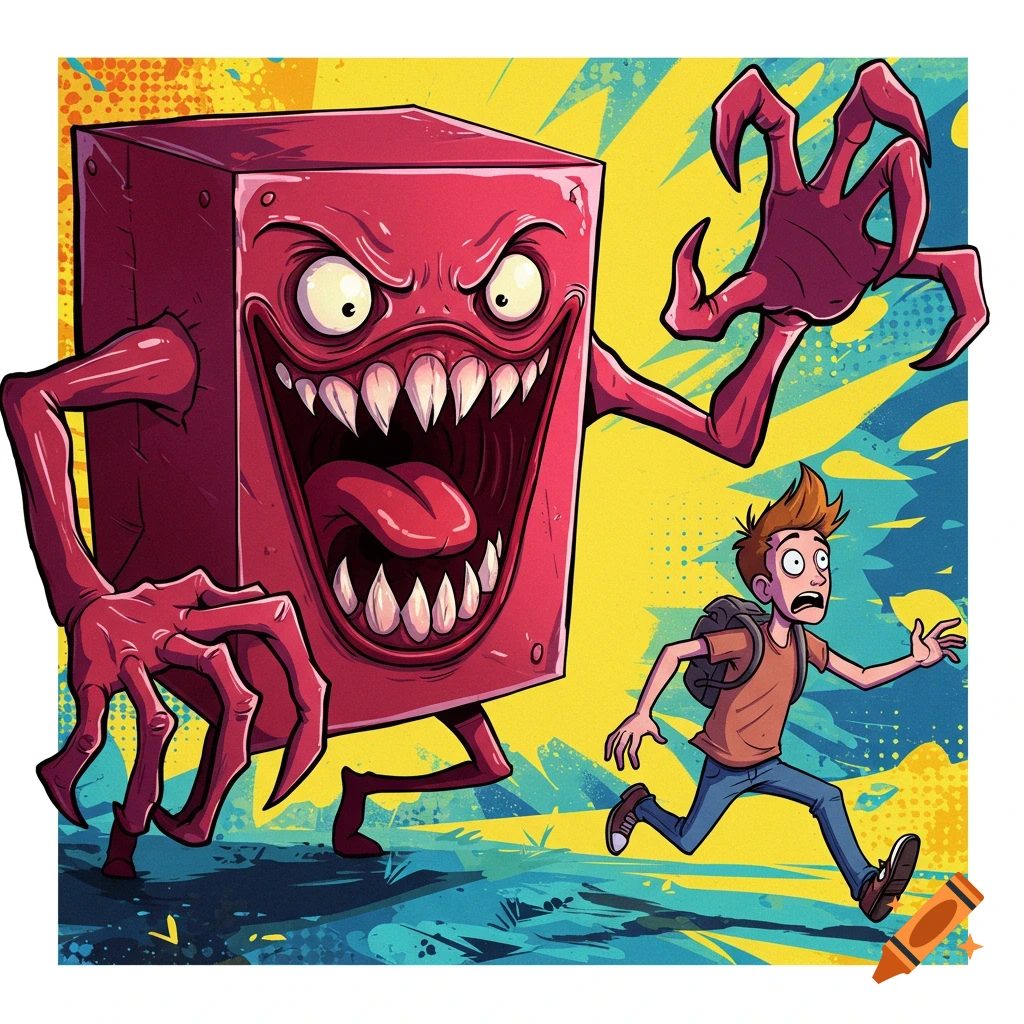 A red cartoon monster with sharp teeth and long arms chases a person with a backpack.
