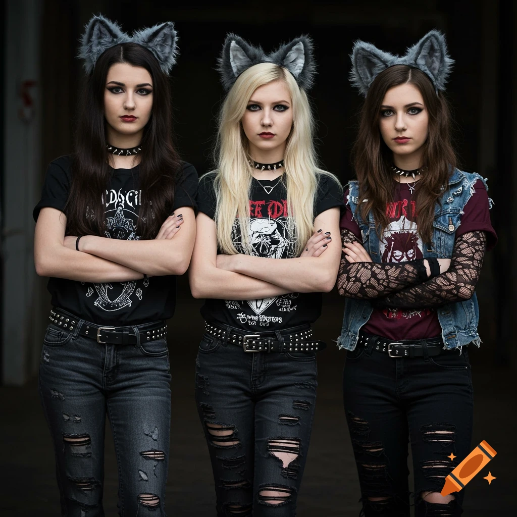 Three women in alternative fashion with wolf ears and arms crossed, posing for a portrait.