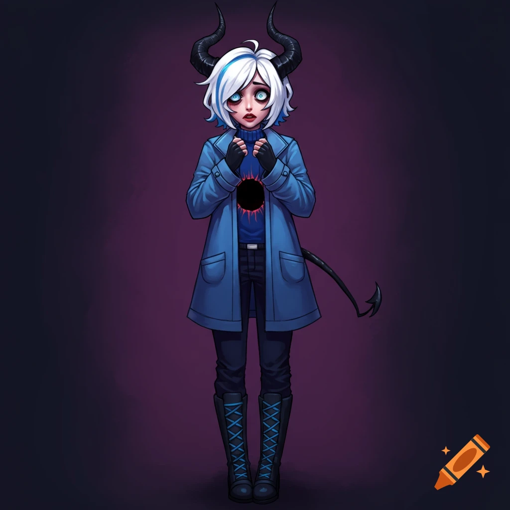 A demon girl with horns, white hair, blue coat, and a black hole in her chest.