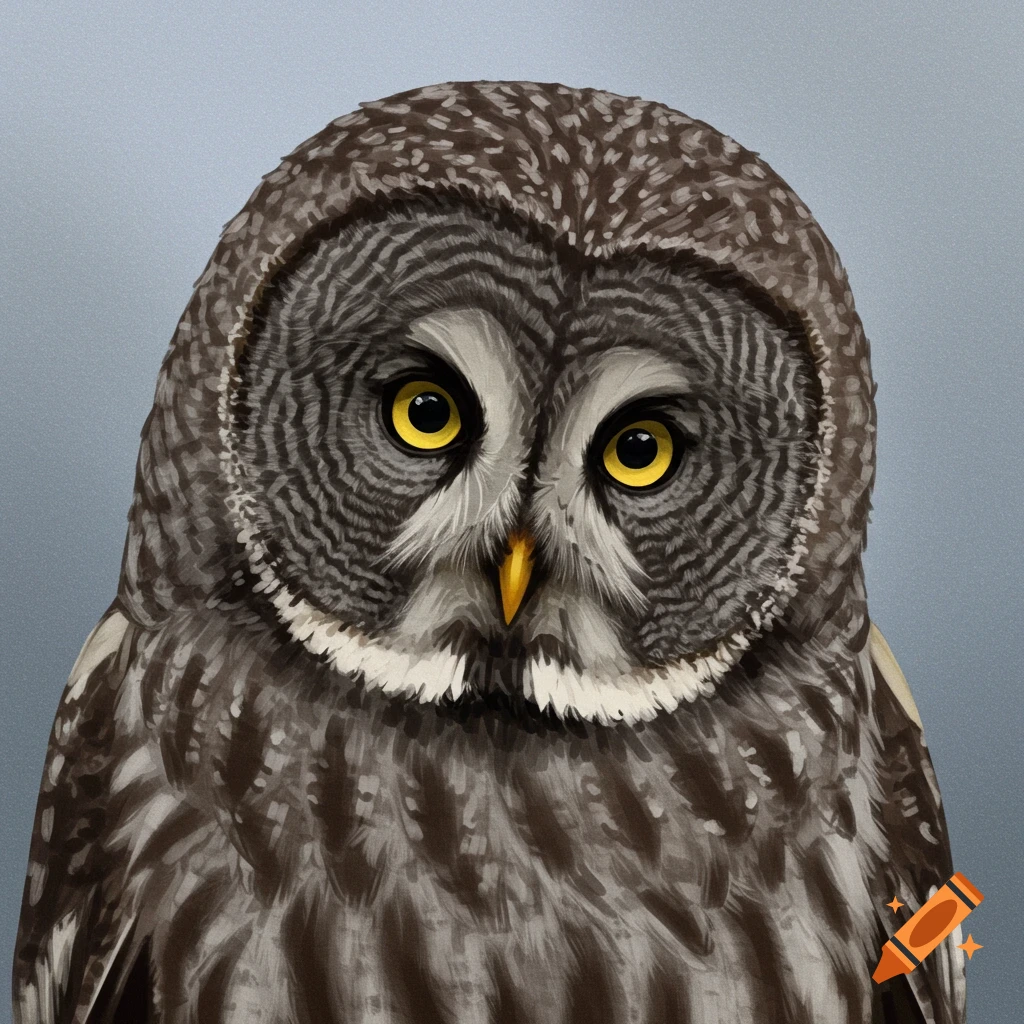 A Great Grey Owl with yellow eyes against a grey background.