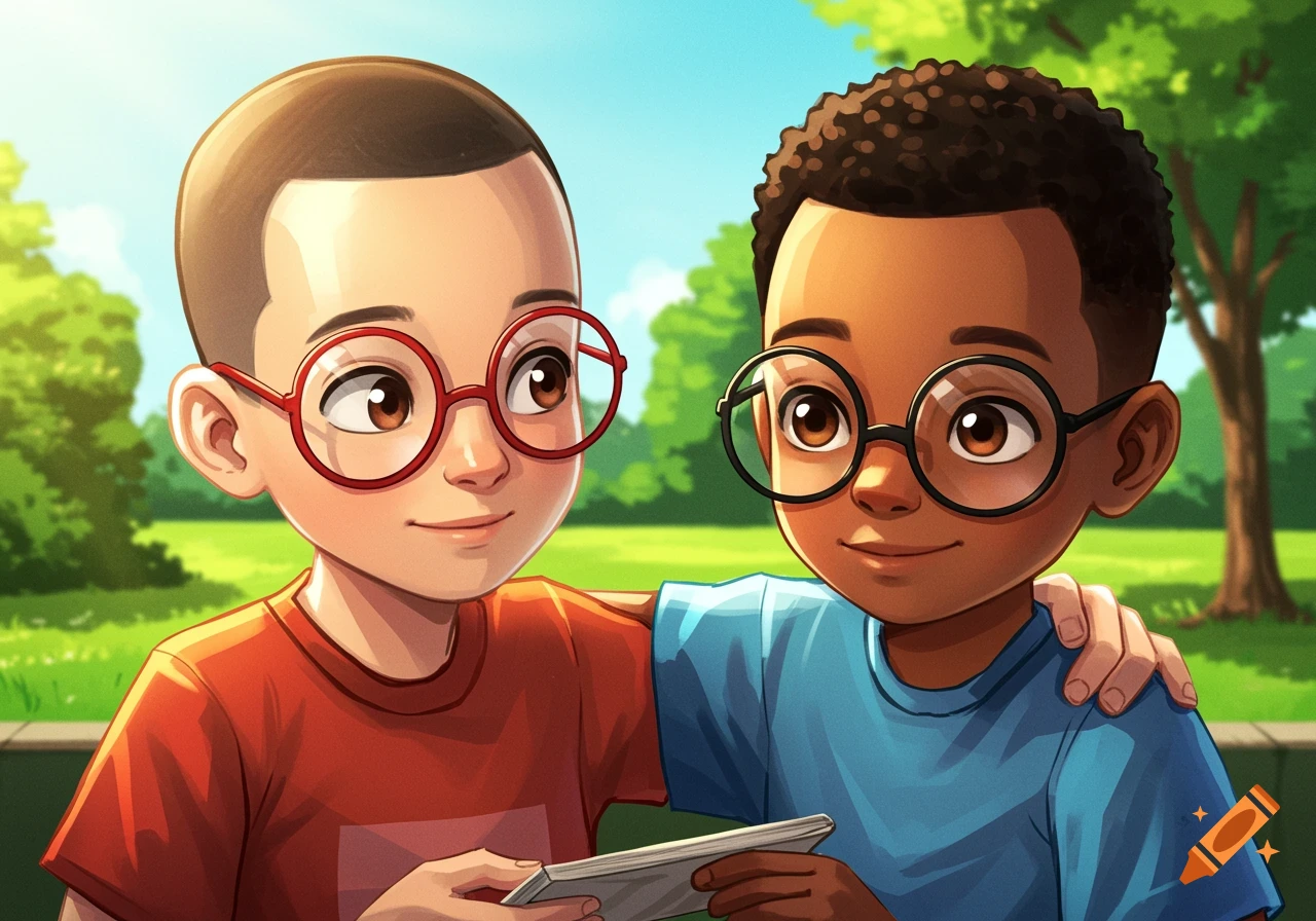 Two young boys with glasses share a book in a sunny park, digital illustration style.