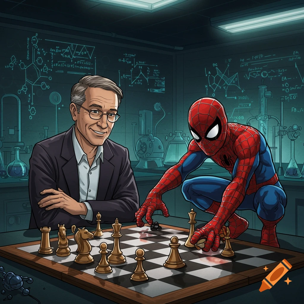 A man and Spiderman play chess in a science lab. Illustrated style.