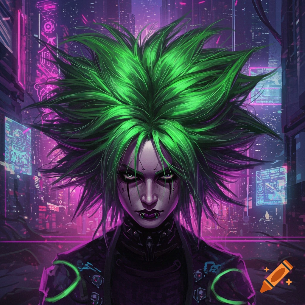 A person with spiky green hair and dark makeup stands in a neon-lit cyberpunk city.