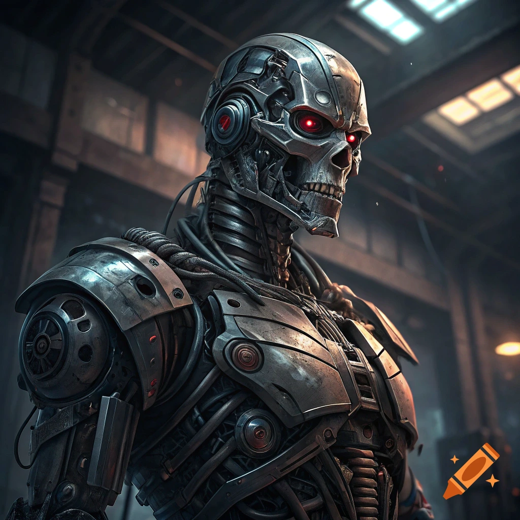 Close-up of a metal robot with a skull face and glowing red eyes in an industrial setting.