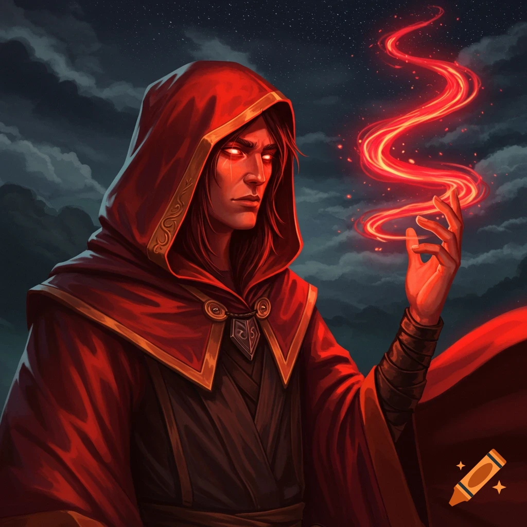 A hooded mage is casting red magic.