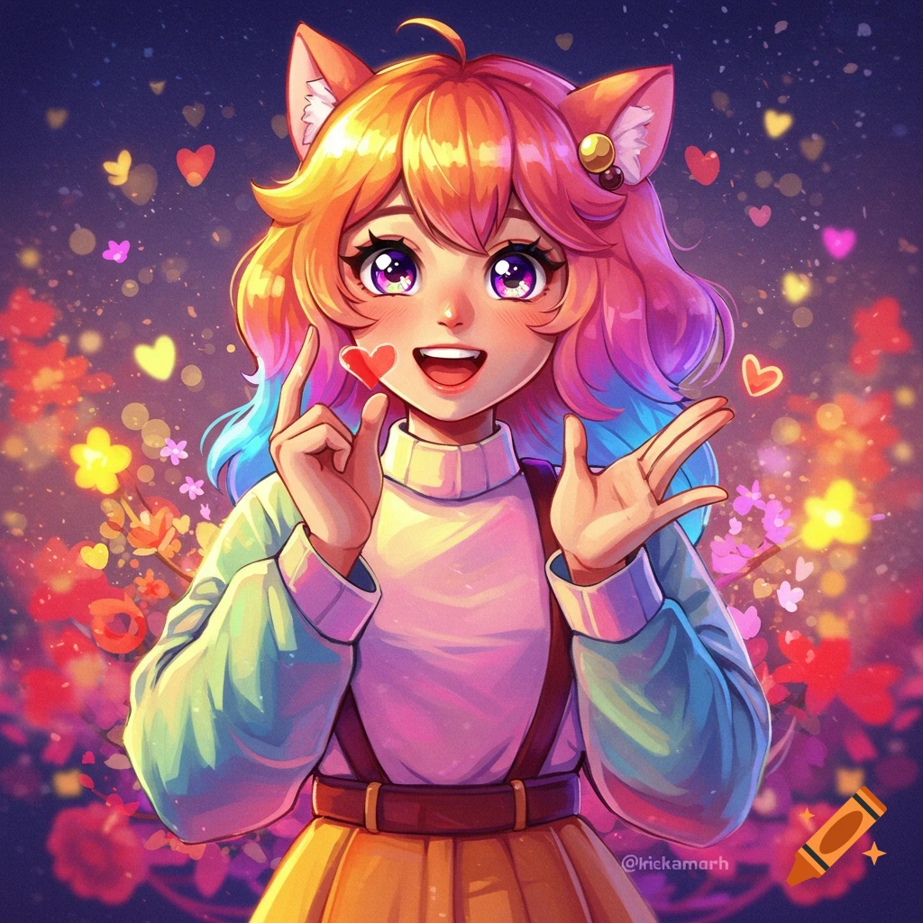 An anime character with cat ears and rainbow hair holds a heart against a background of flowers and hearts.