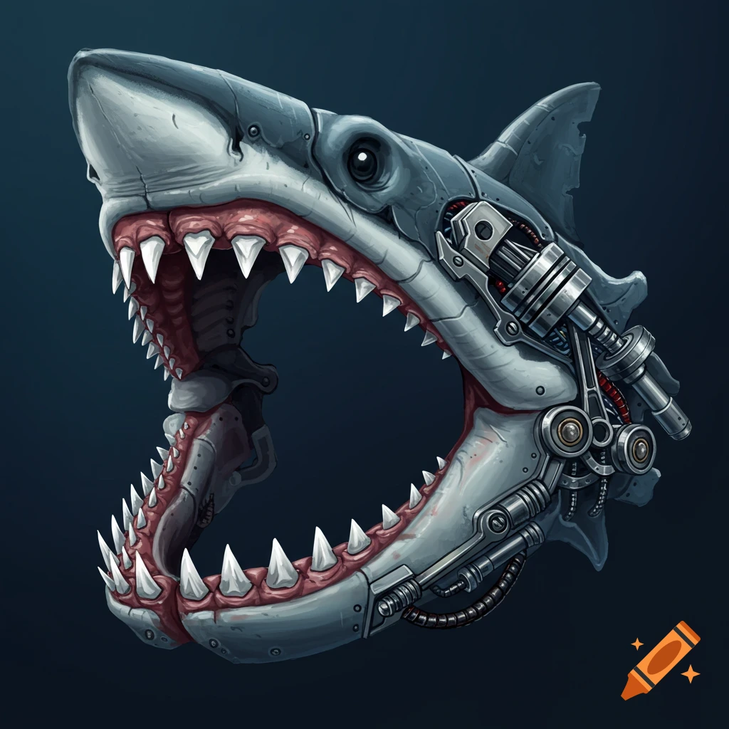 A mechanical shark jaw with exposed internal parts.