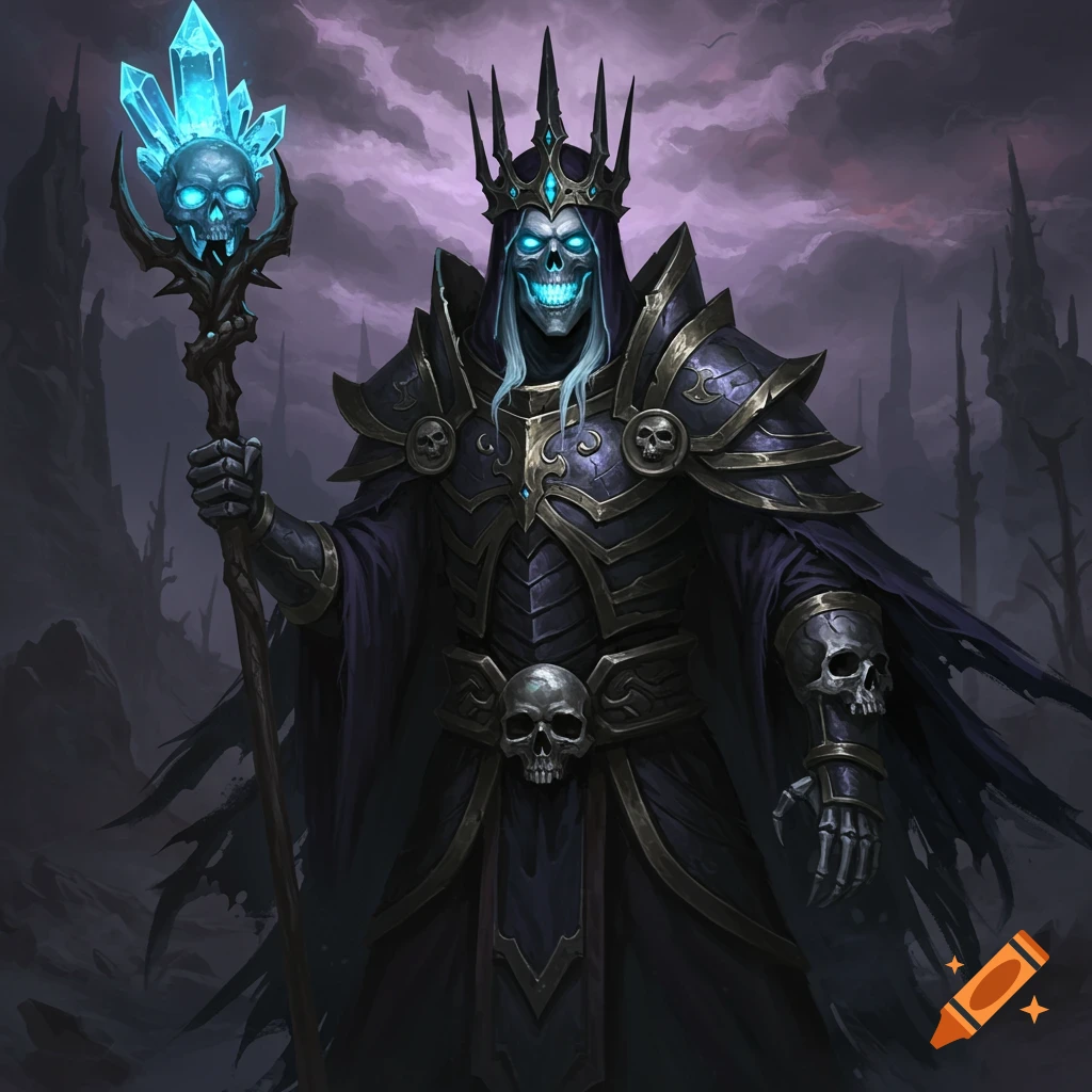 A skeletal figure in dark armor holding a glowing staff.