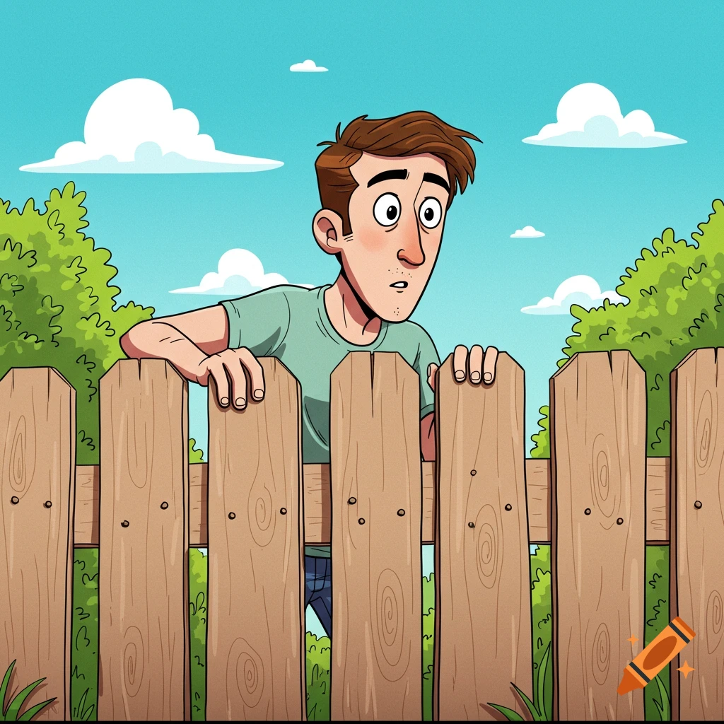 Cartoon illustration of a man with a surprised expression peeking over a wooden fence.