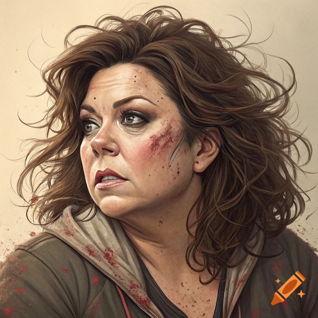 Illustrated portrait of a woman with messy hair and facial injuries.