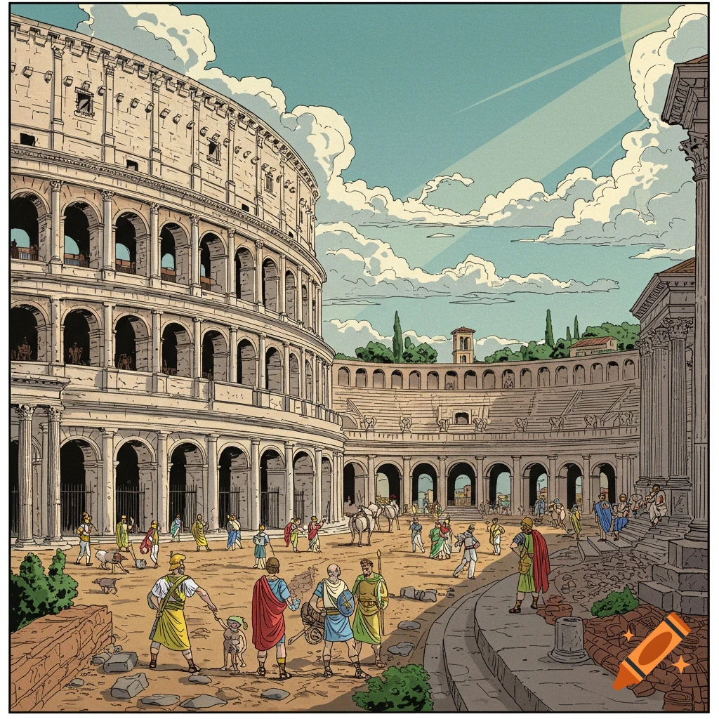 Comic book illustration of the Roman Colosseum courtyard filled with people in ancient attire.