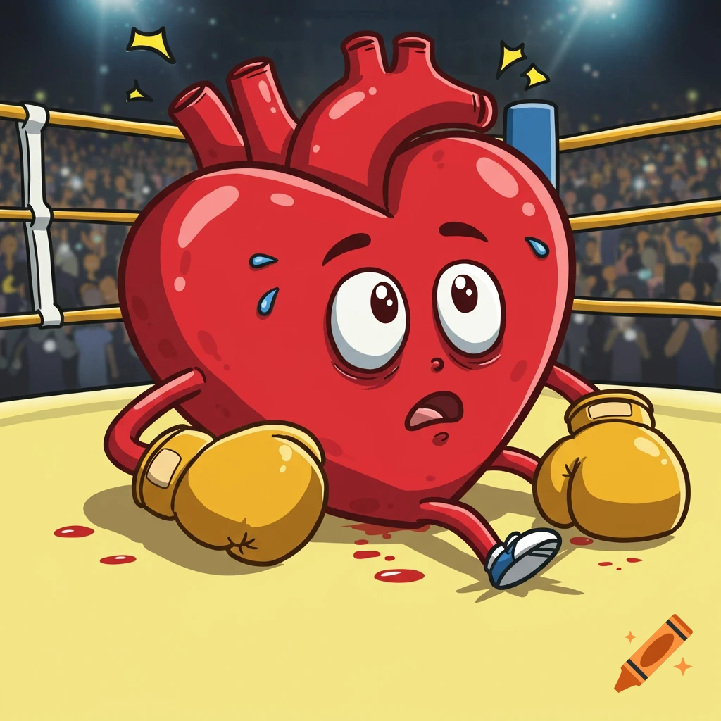 Cartoon heart character sits in a boxing ring, looking scared after being knocked down.
