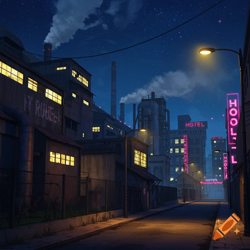 A night street scene with factories, a hotel, smokestacks, and neon signs.