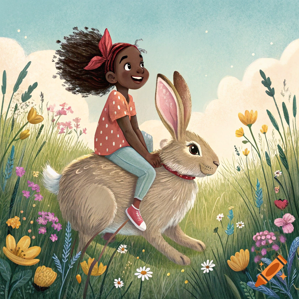 Illustration of a black girl riding a large rabbit through a grassy field with flowers under a blue sky.