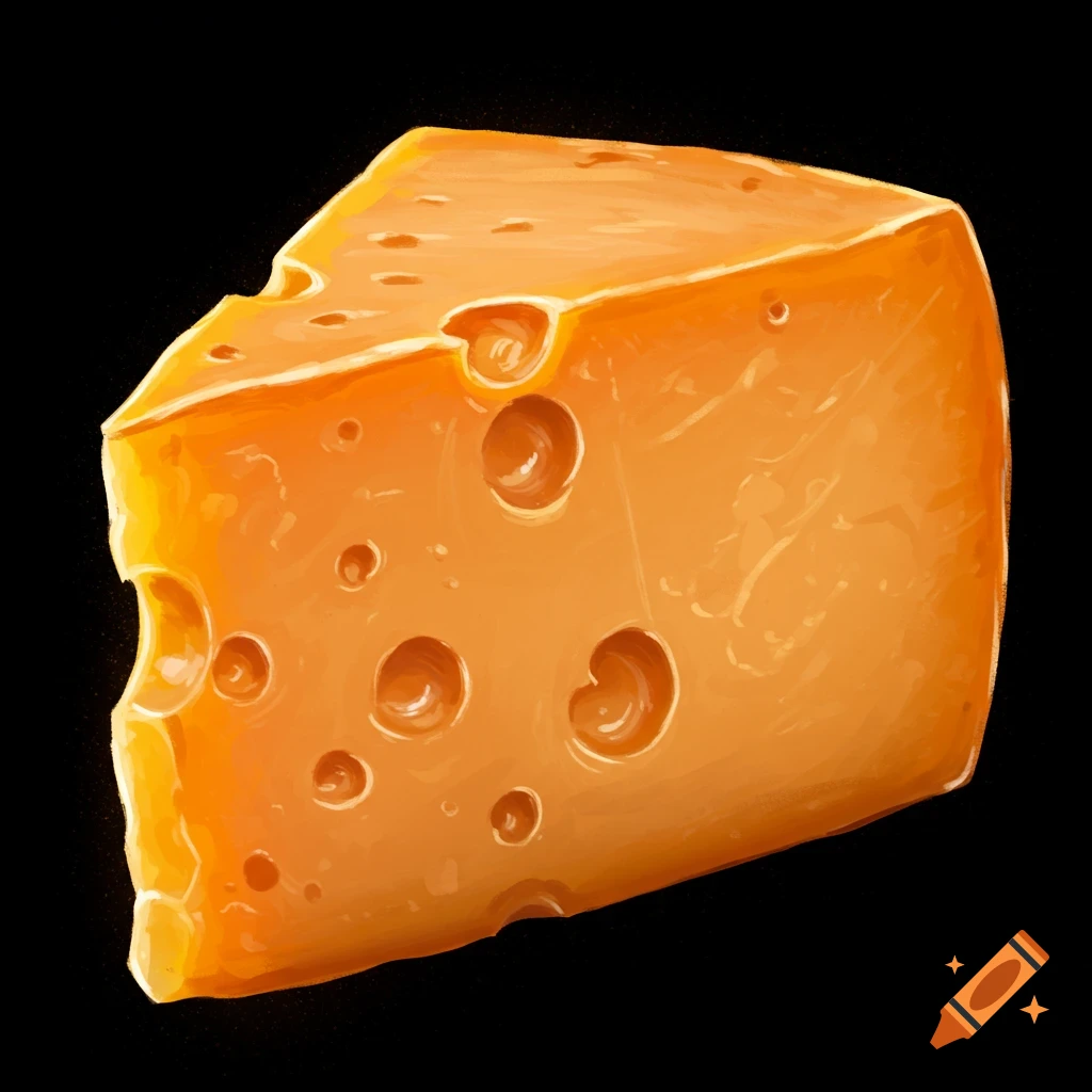 A wedge of orange cheese with holes on a black background.