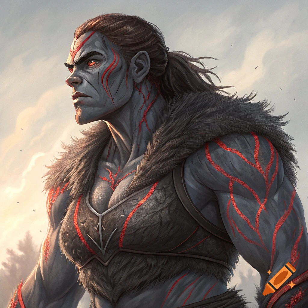 A muscular fantasy character with dark gray skin and red markings wears fur armor and has a ponytail.