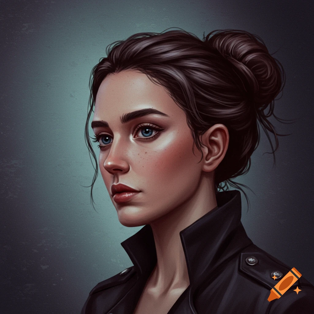 portrait of a woman with blue eyes and dark hair in a bun, wearing a black leather jacket.