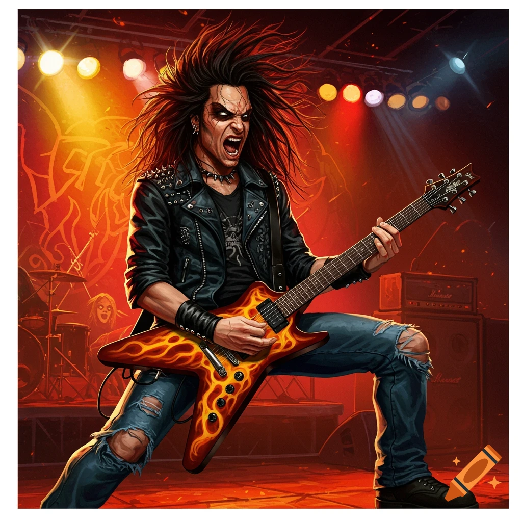 A heavy metal guitarist with wild hair plays a flame-patterned guitar on stage under bright lights.