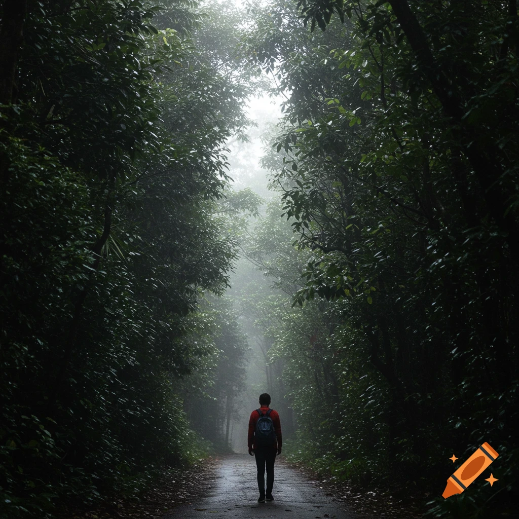 A person walks away on a wet path through a misty, dense forest.