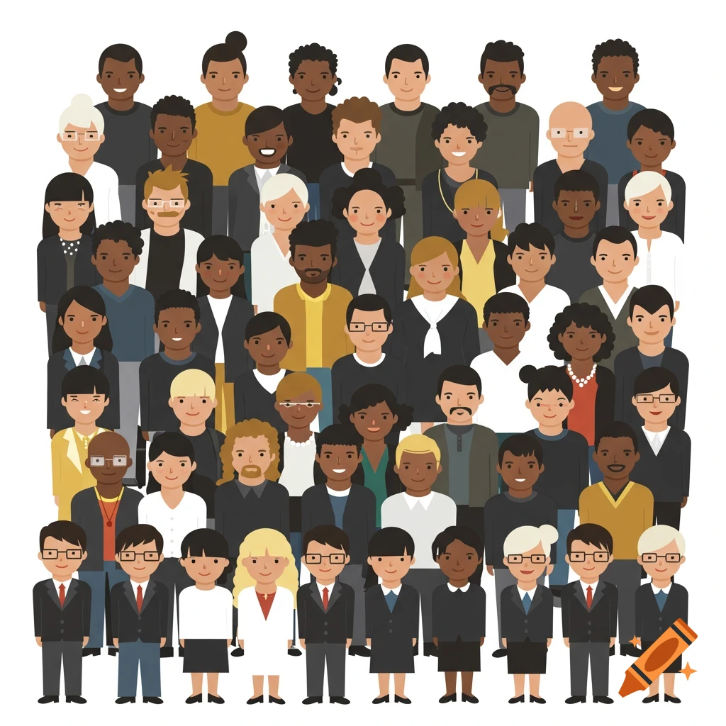 Flat-style vector illustration of a large group of diverse people.