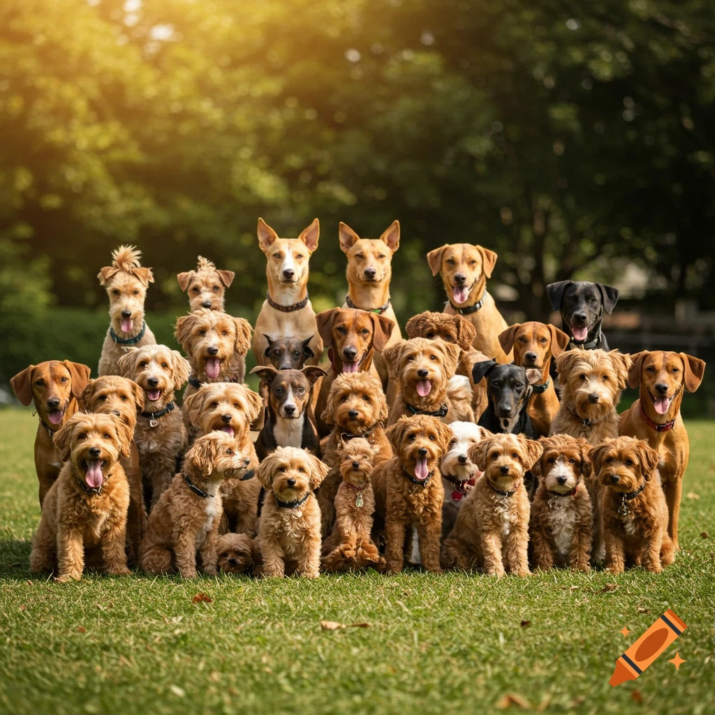 A large group of many different dog breeds sitting closely together on grass in a park in a photorealistic style.