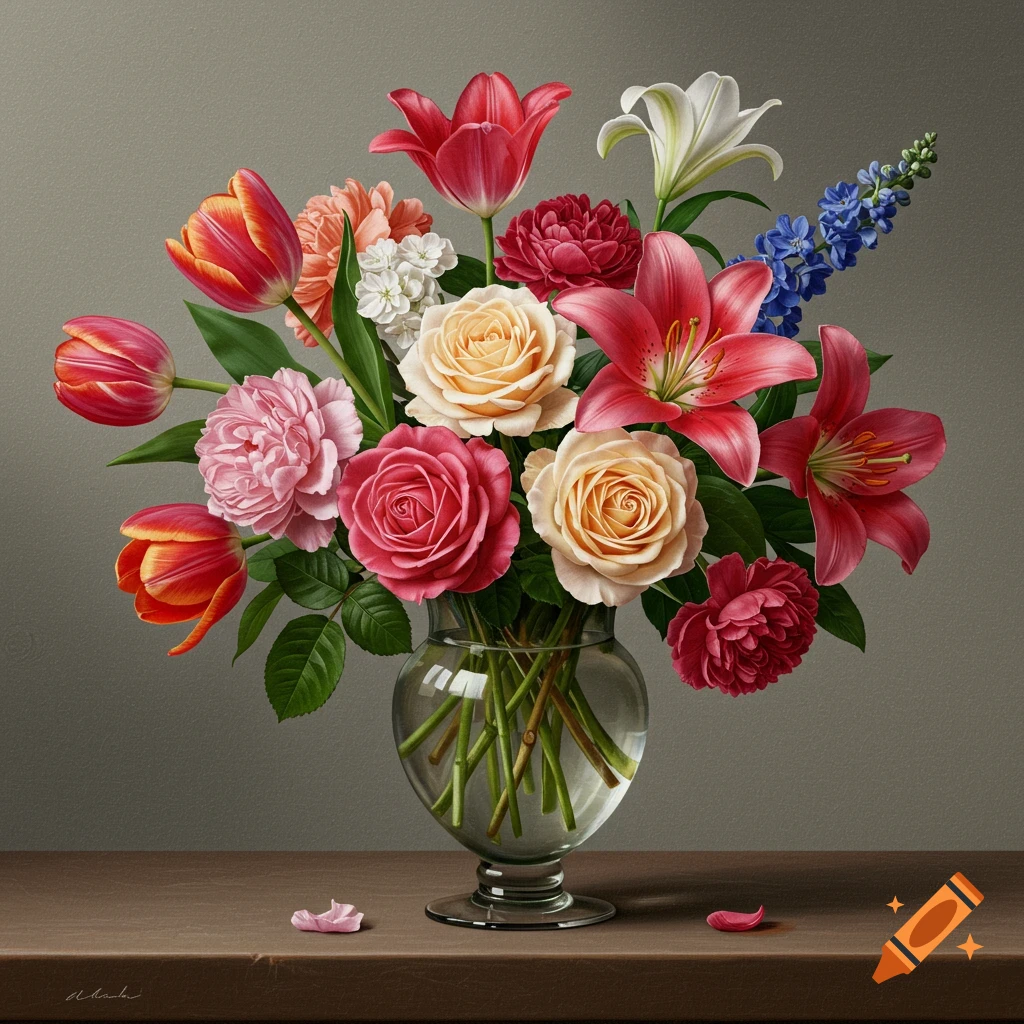 A large bouquet of colorful flowers in a glass vase sits on a wooden table.