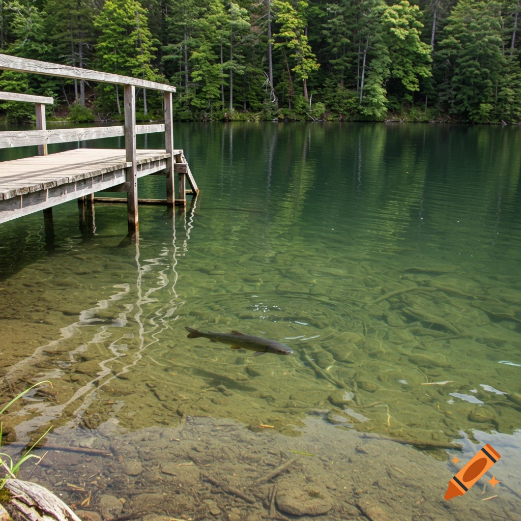 A fish swims below a wooden dock extending into a clear lake with a forest backdrop.