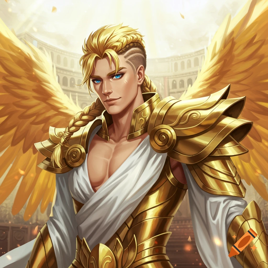 Golden-winged man in ornate gold armor and white cloth in an arena.