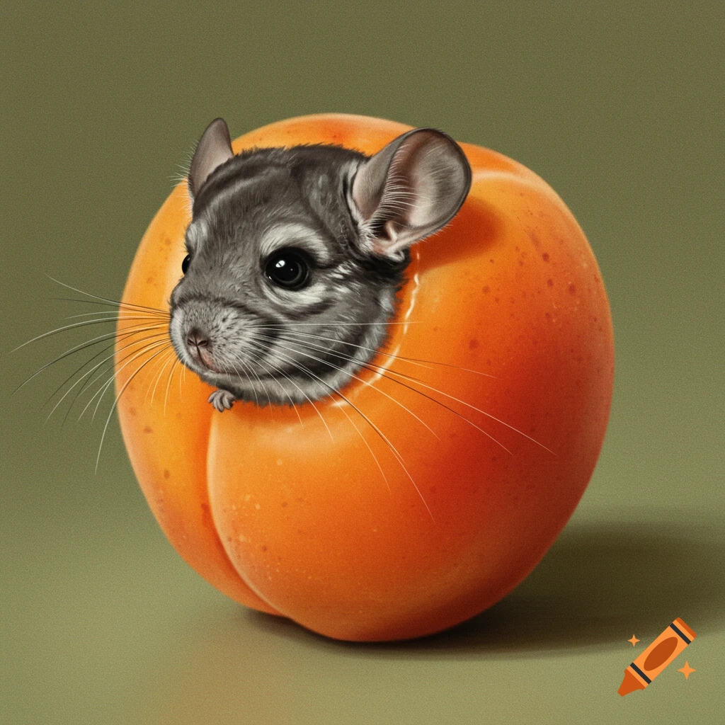Head of a chinchilla emerging from an apricot