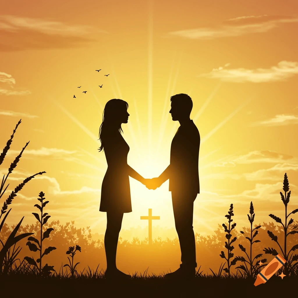 Silhouettes of a couple holding hands against a vibrant sunset with a cross and plants.