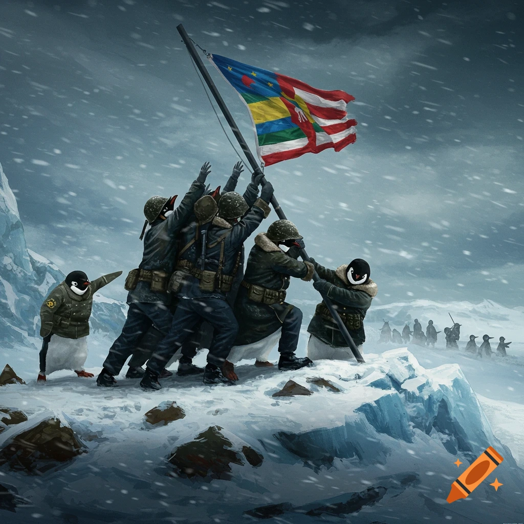 Penguins in military uniforms raise a flag on a snowy mountain, referencing the Iwo Jima photograph.