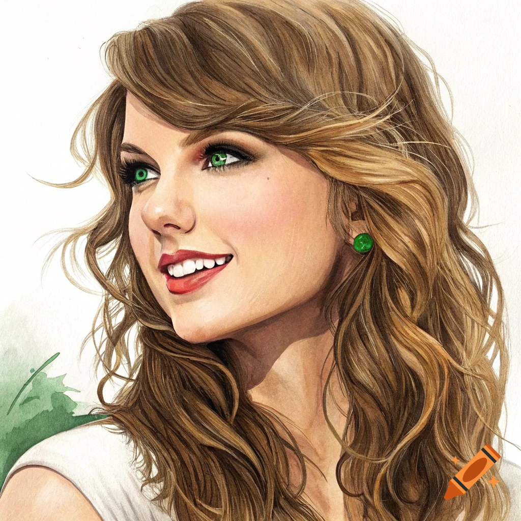 Detailed illustration of a smiling woman with long brown hair and green eyes, wearing a green earring.